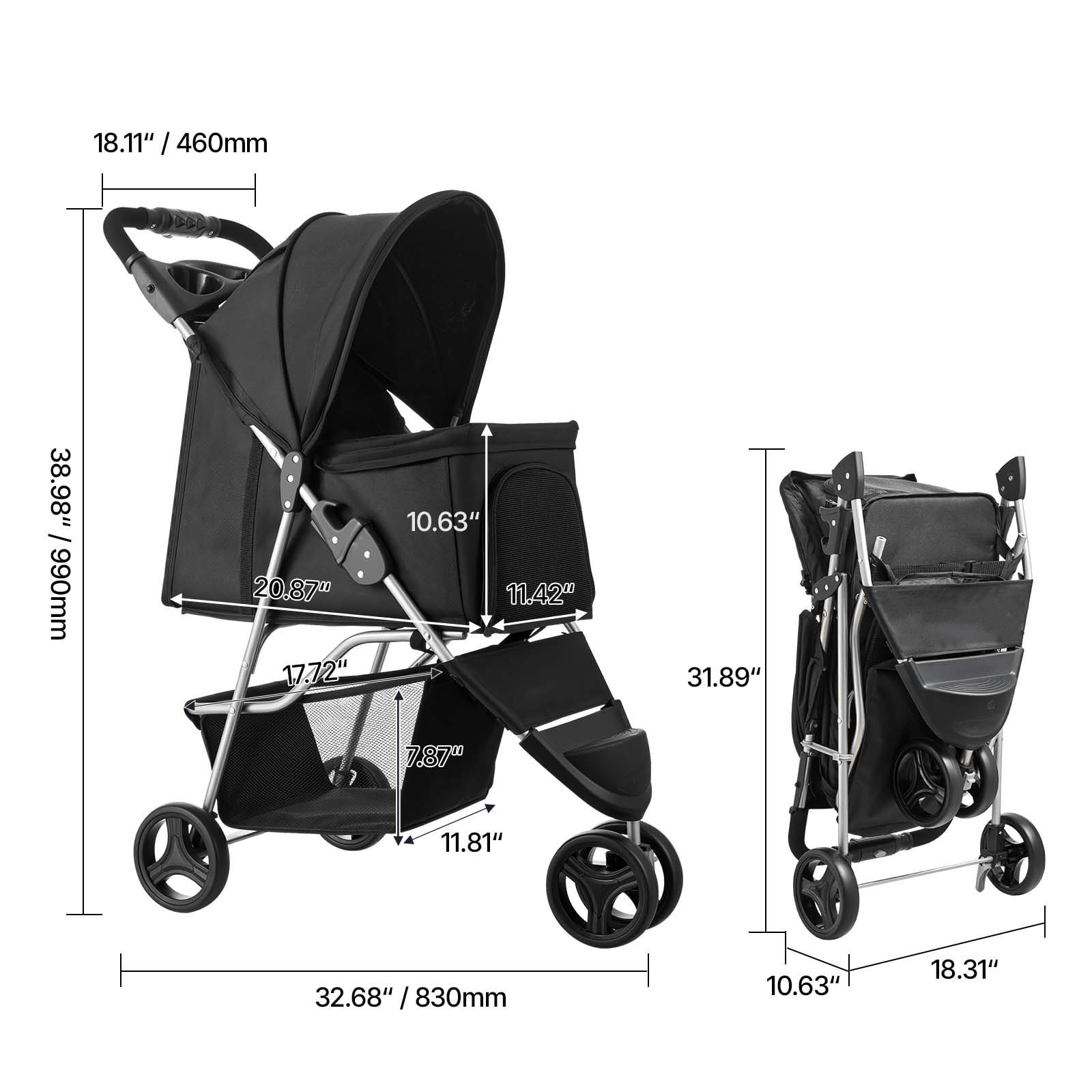Foldable 3 Wheel Pet Stroller For Dogs With Brake For Travel Camp_voghion.com